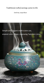 Sky Blue enamel lotus incense burner with pierced lid and colorful floral design