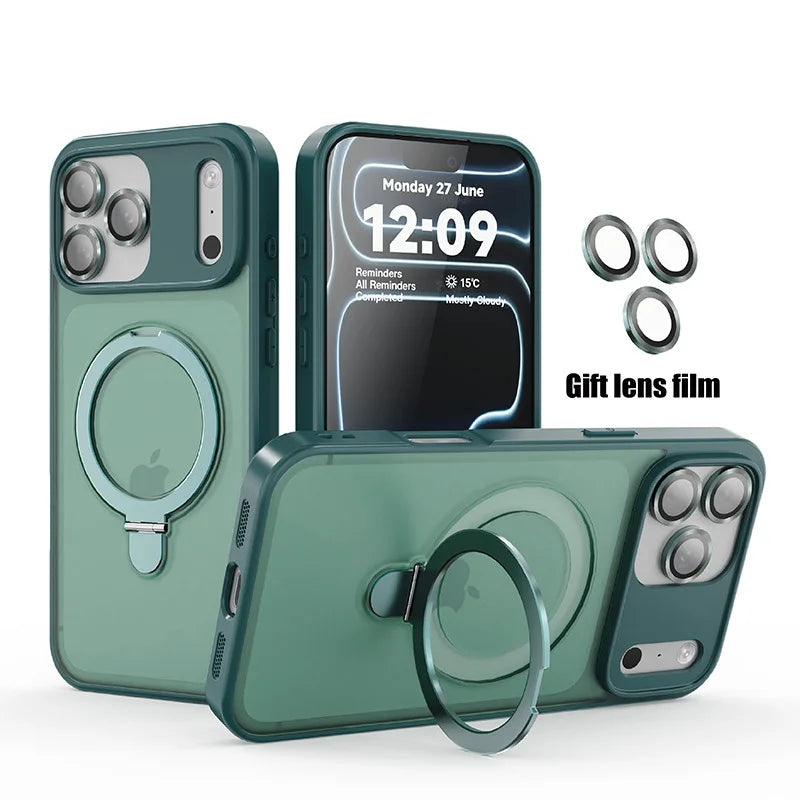 Matte MagSafe phone case with ring holder, sage green finish, camera cutouts and raised edges
