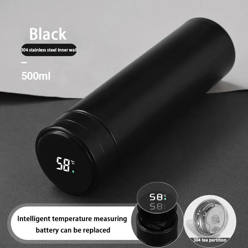 Black smart thermos with digital temperature display and tea infuser accessory