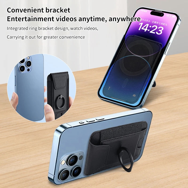Eclipse magnetic card wallet with ring grip on the back of a phone case, black.