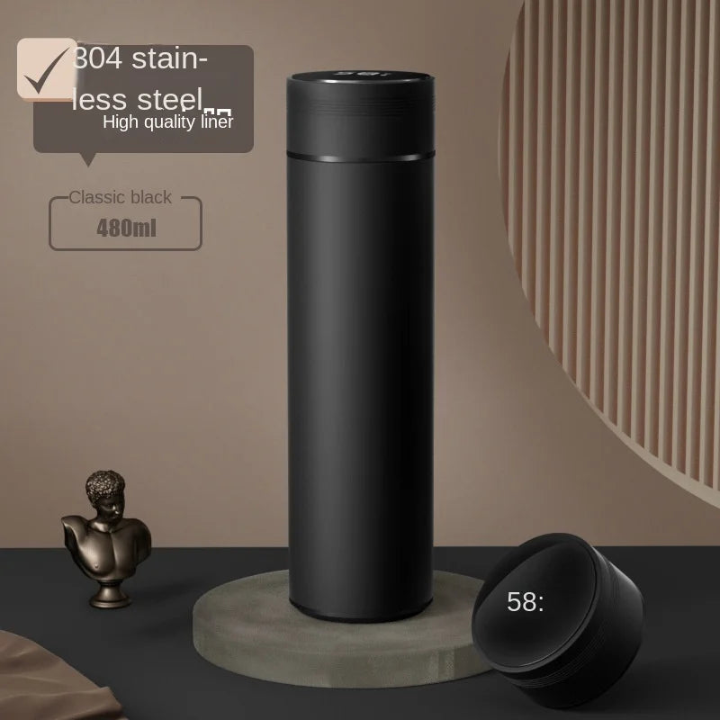 Black smart thermos flask with lid and digital temperature display