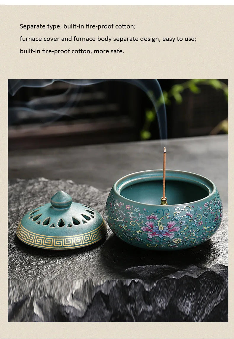 Sky Blue incense burner with separate cover and incense stick on the inner bowl