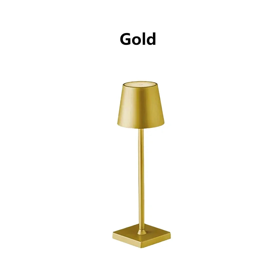 Gold rechargeable desk lamp with fabric shade and square base