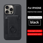Eclipse magnetic card wallet, black, attached to an iPhone protective case with ring grip.