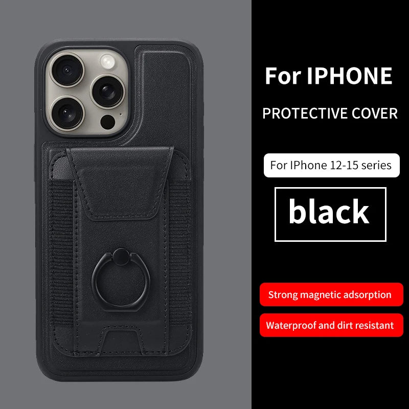 Eclipse magnetic card wallet, black, attached to an iPhone protective case with ring grip.