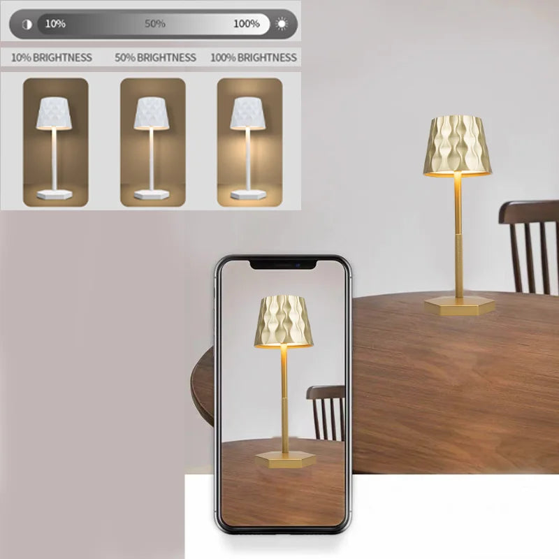 Champagne gold touch lamp with wavy ripple lampshade and slim stem
