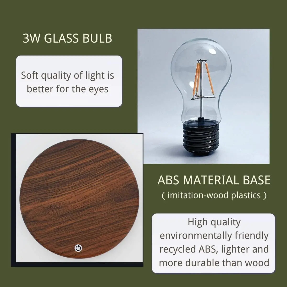 LED bulb night lamp with ABS base and transparent 3W glass bulb shown