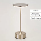 Silver cordless reading lamp with round top, tall stem, and cylindrical base