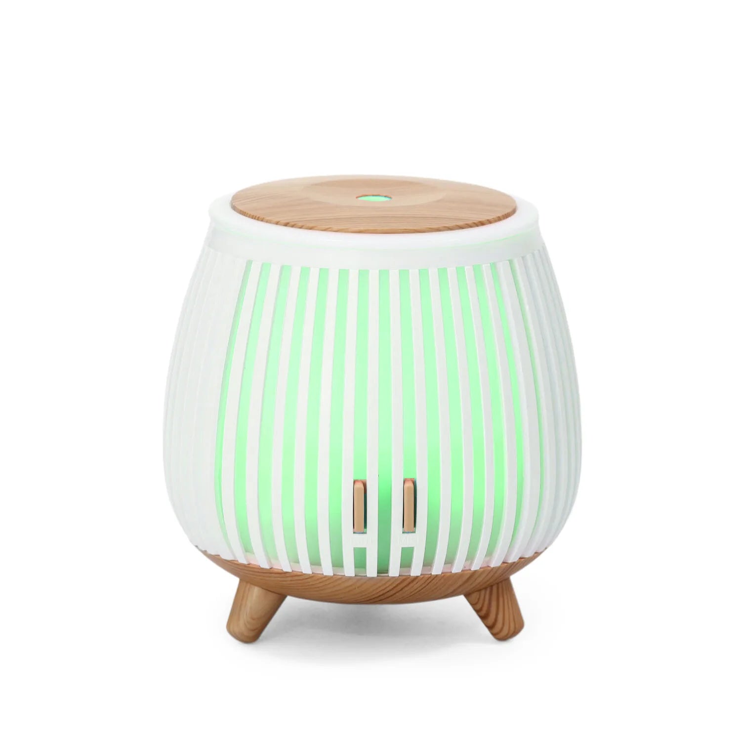 White striped aroma diffuser humidifier with green LED glow and wood top