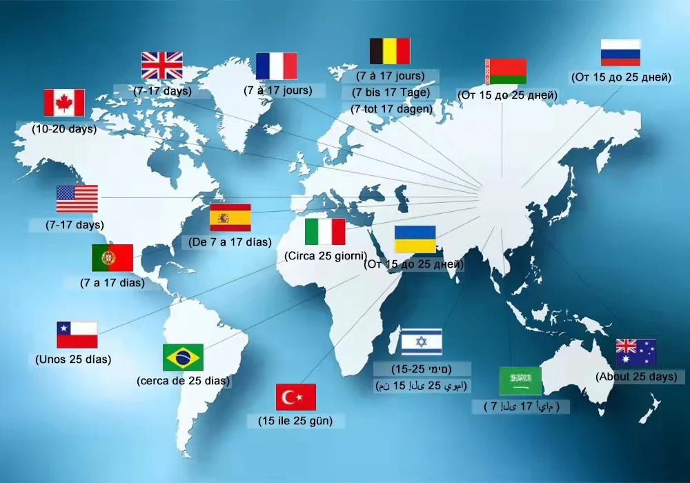 World map shipping times graphic with country icons and delivery estimates