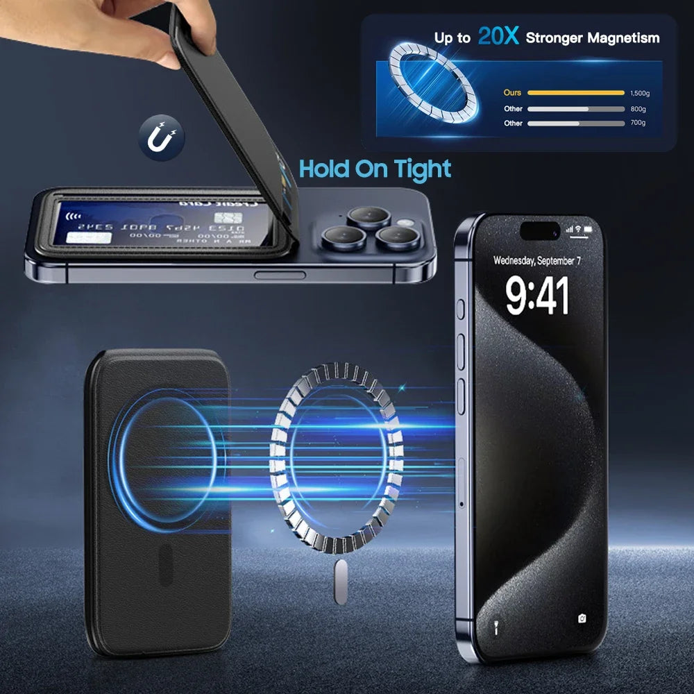 Black MagSafe wallet stand with strong magnetic attachment and foldable card pocket