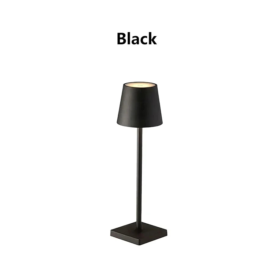 Black rechargeable desk lamp with fabric shade and square base