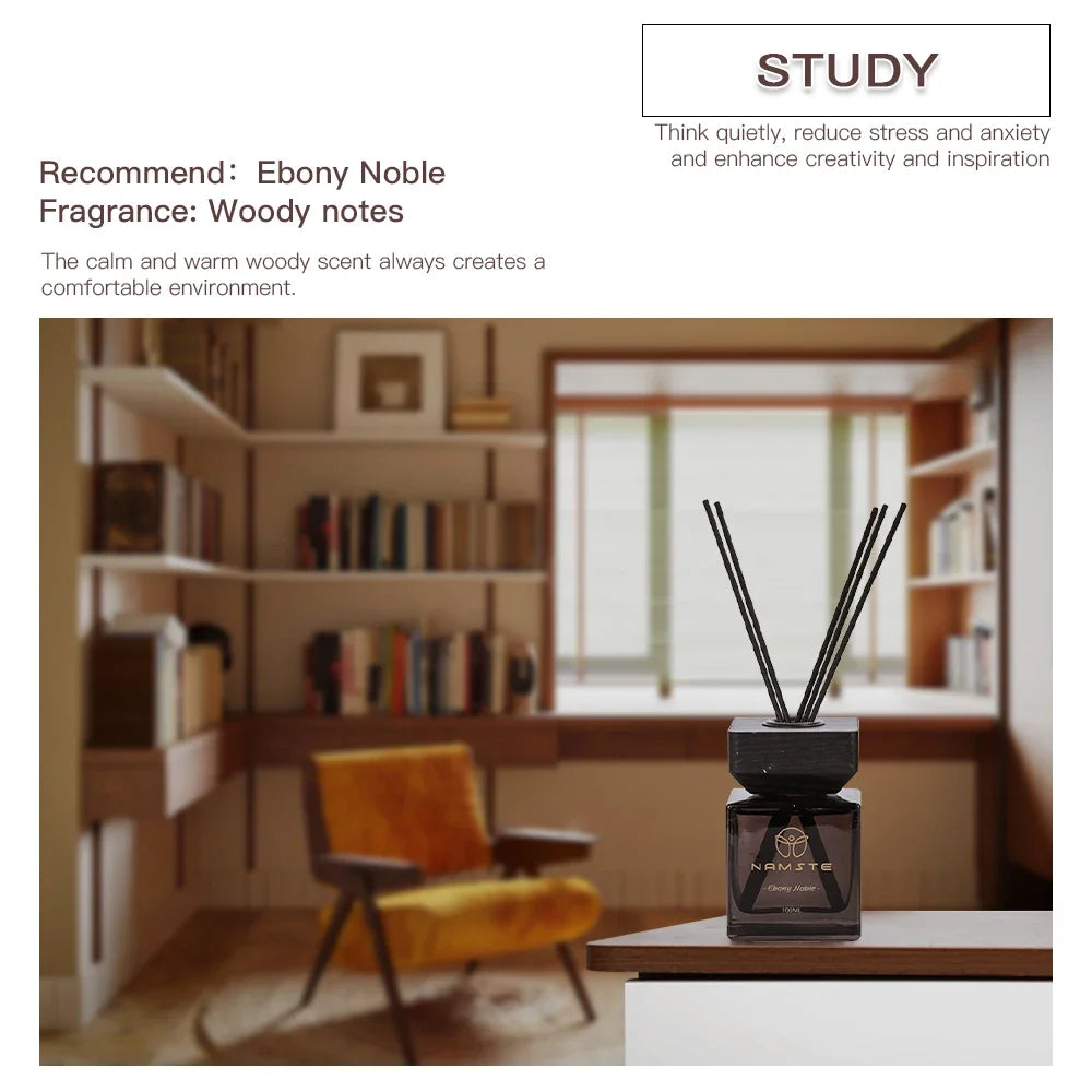Ebony Noble reed diffuser, dark glass bottle with black reed sticks