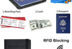 Black passport wallet with RFID blocking label and travel essentials compartments shown