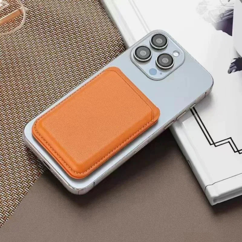 Orange hide stand wallet on phone back with textured leather-look cover