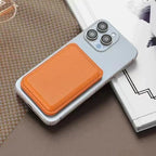 Orange hide stand wallet on phone back with textured leather-look cover