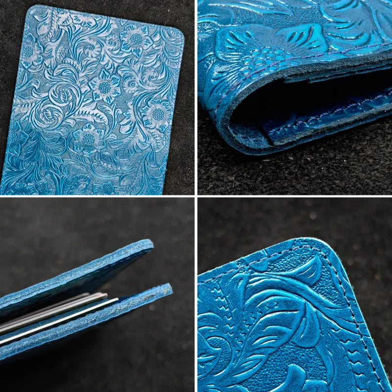 Blue embossed leather edge and stitching detail on travel folio