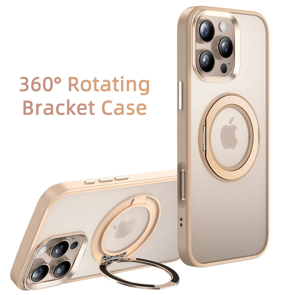 Champagne gold rotating MagSafe phone case with circular stand, camera cutouts