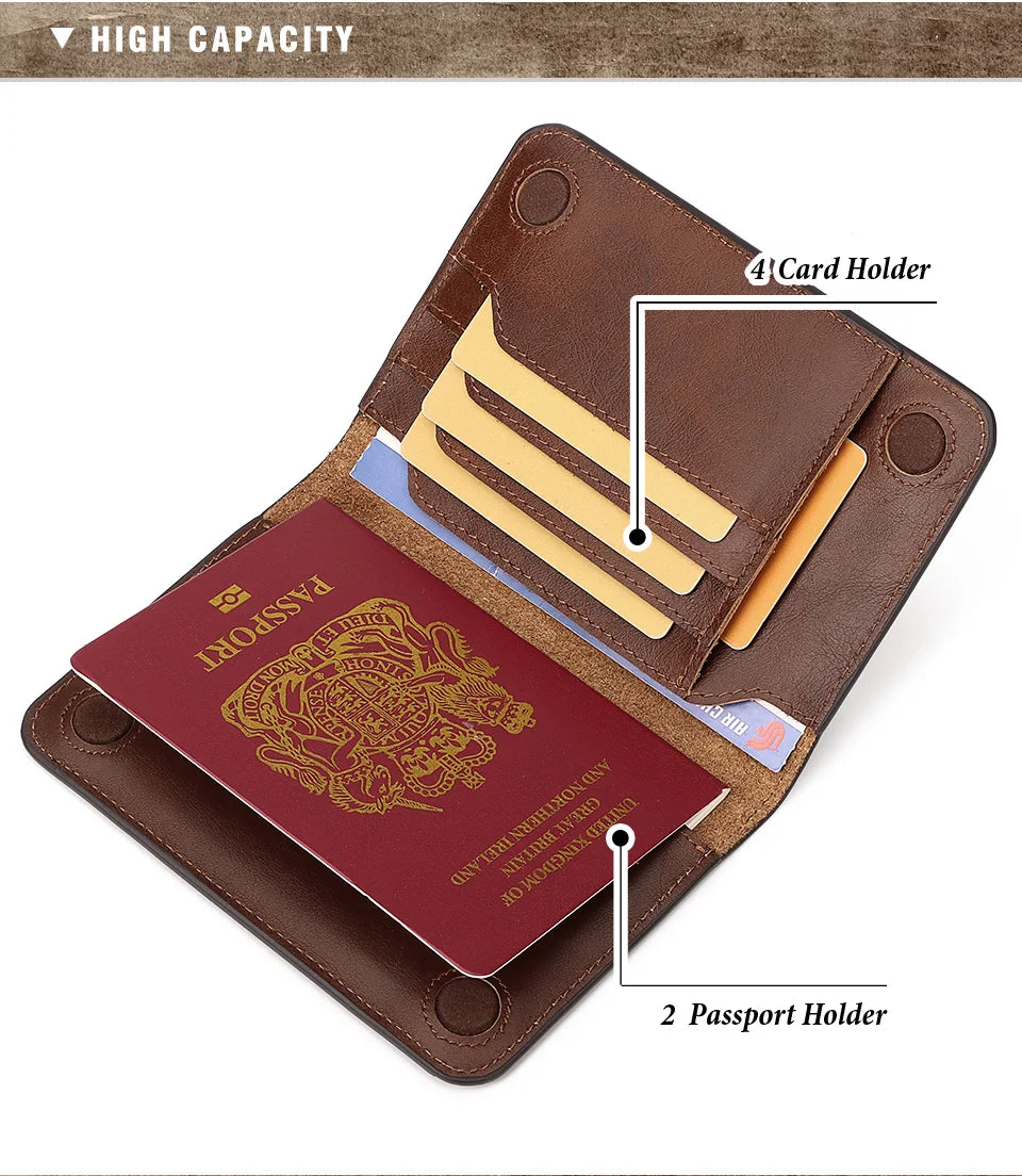 Slim leather passport wallet open: card slots and passport holder compartments