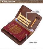 Slim leather passport wallet open: card slots and passport holder compartments