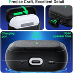 Black TPU AirPods case showing charging port and speaker slot with keychain ring