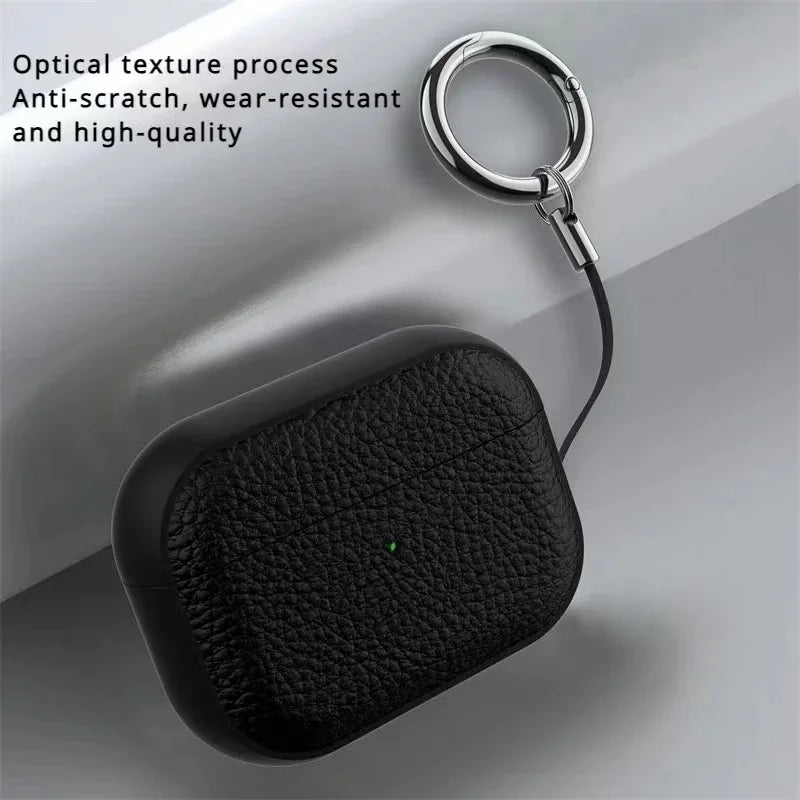 Black leather AirPods case with keyring strap and metal ring attachment