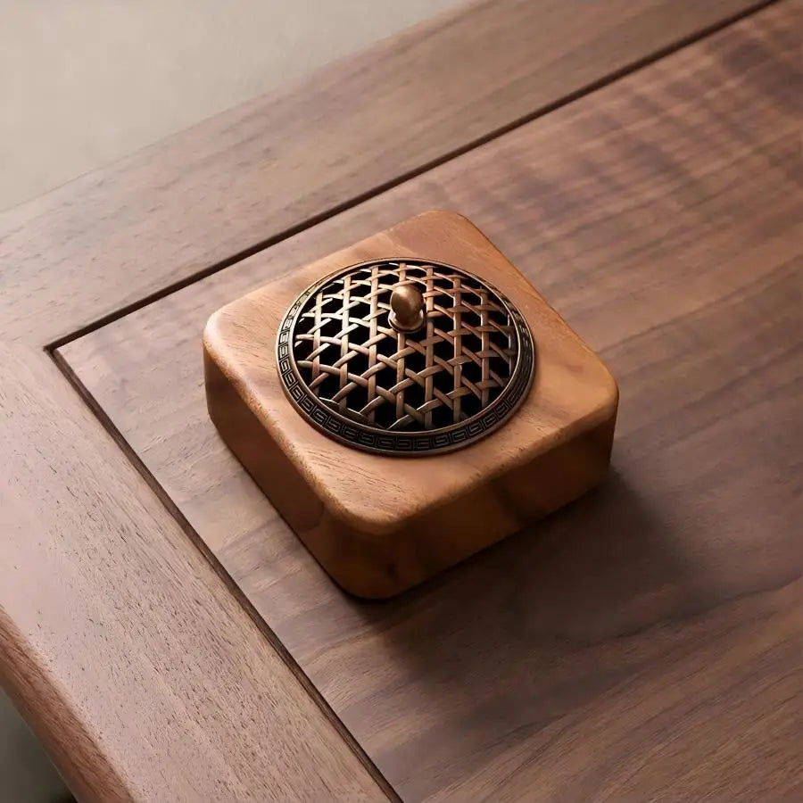 Square wood incense burner with round lattice lid and bronze knob