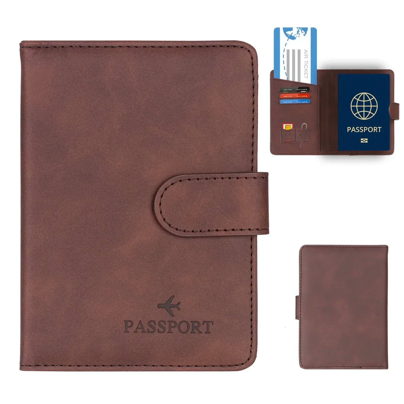 Cognac brown RFID passport wallet with fold-over strap and passport icon on front