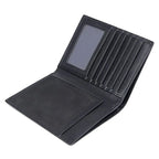 Midnight black document wallet opened flat, card slots and slip pocket visible.