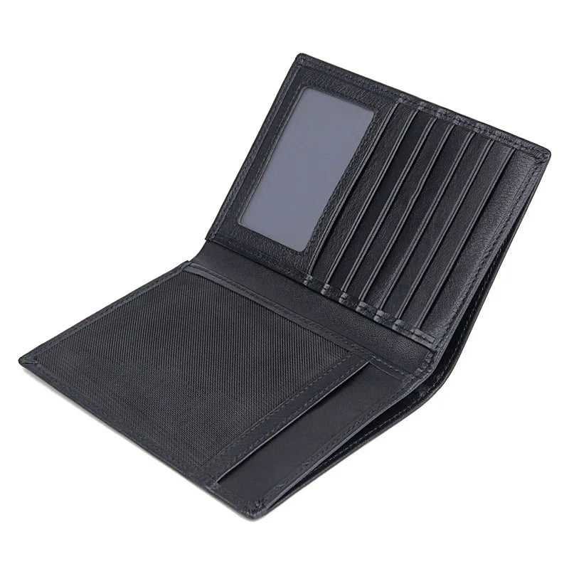 Midnight black document wallet opened flat, card slots and slip pocket visible.