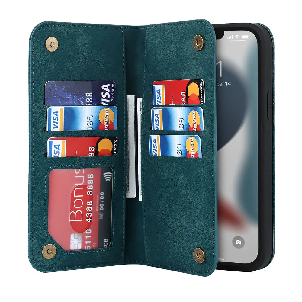 MagSafe wallet with card slots, teal foldover case for phone and kickstand