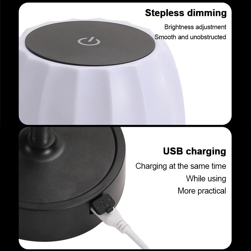 LED lamp top close-up with touch power icon; step-dimming control and USB charging