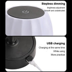 LED lamp top close-up with touch power icon; step-dimming control and USB charging