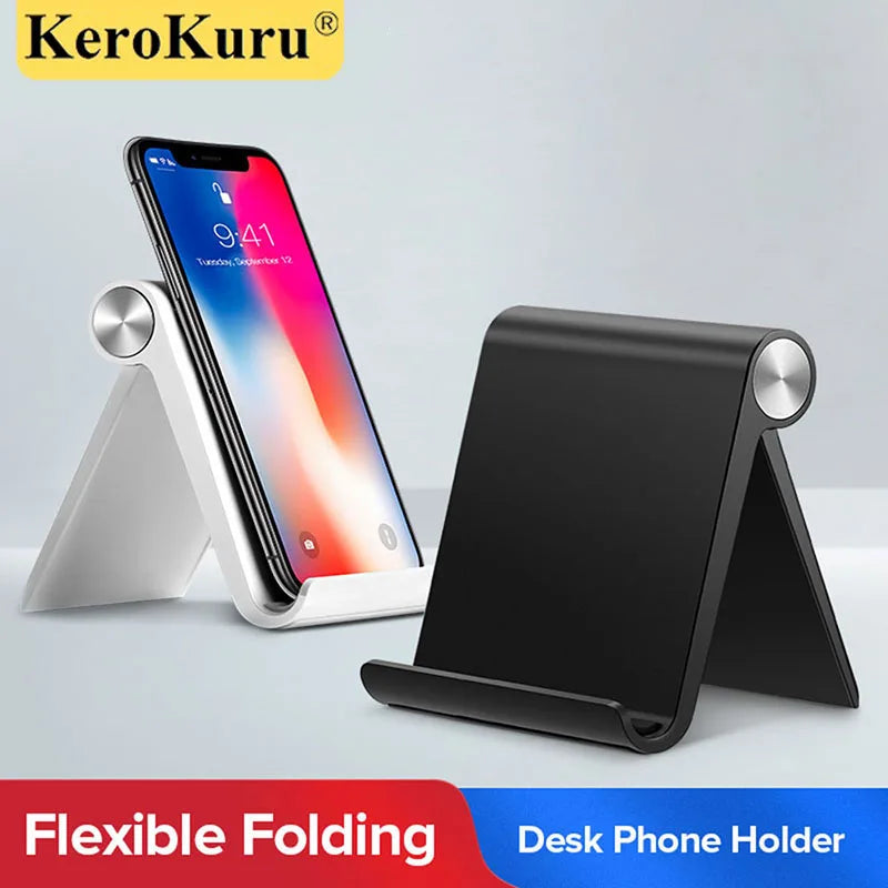Obsidian desk phone stand with adjustable triangular support and rounded base knobs