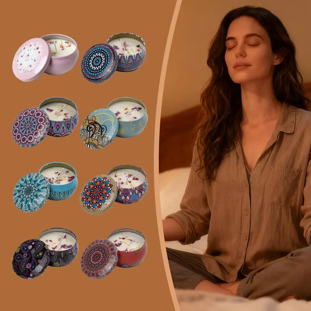 Array of vintage jar scented candles with patterned lids beside a person meditating