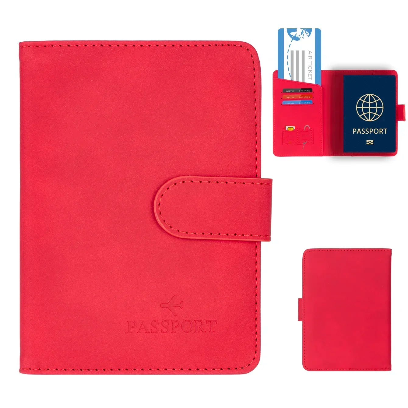 RFID passport wallet in cardinal red vegan leather, front flap with “PASSport” stamp