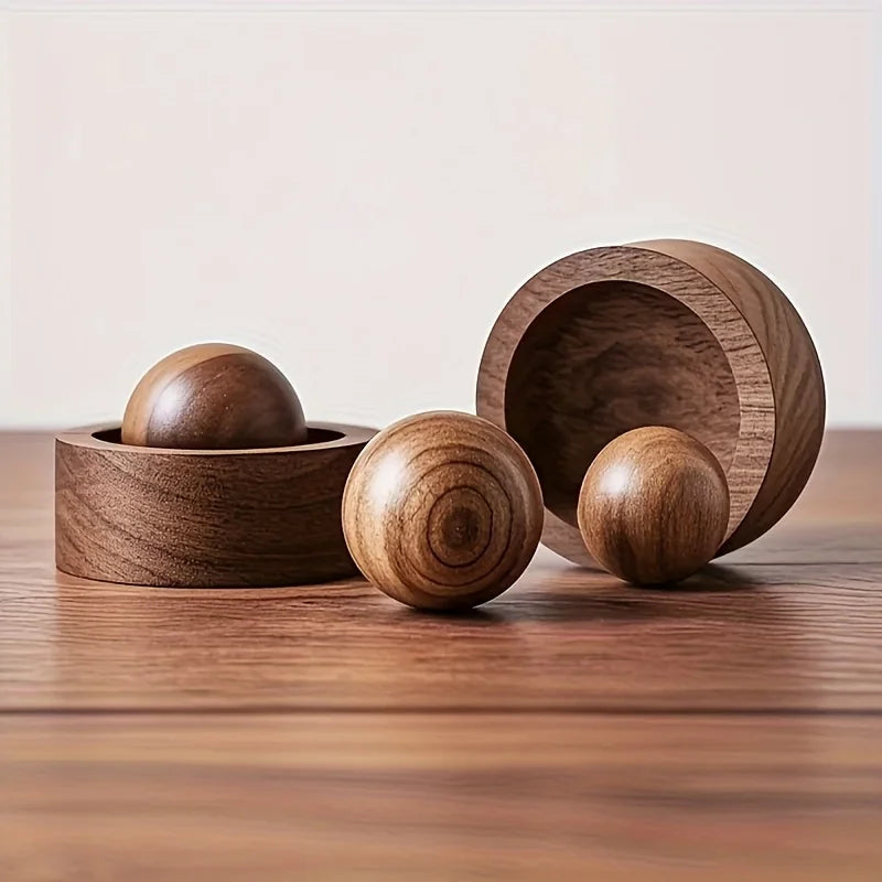 Wooden aroma diffuser set: two cups and three round scent balls on a wooden base