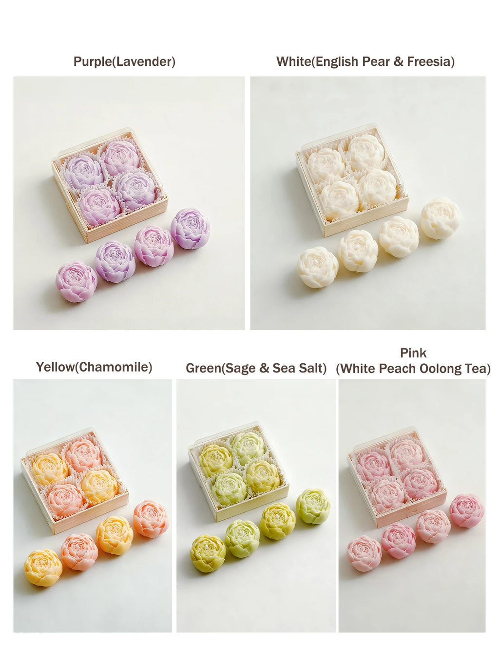 Rose candle gift box set variants showing pastel colors: purple, white, yellow, green, pink