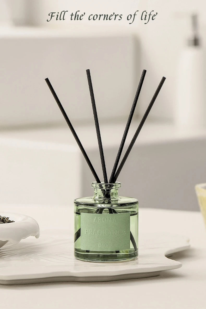 50ml reed diffuser bottle with rattan reeds, green glass and white label
