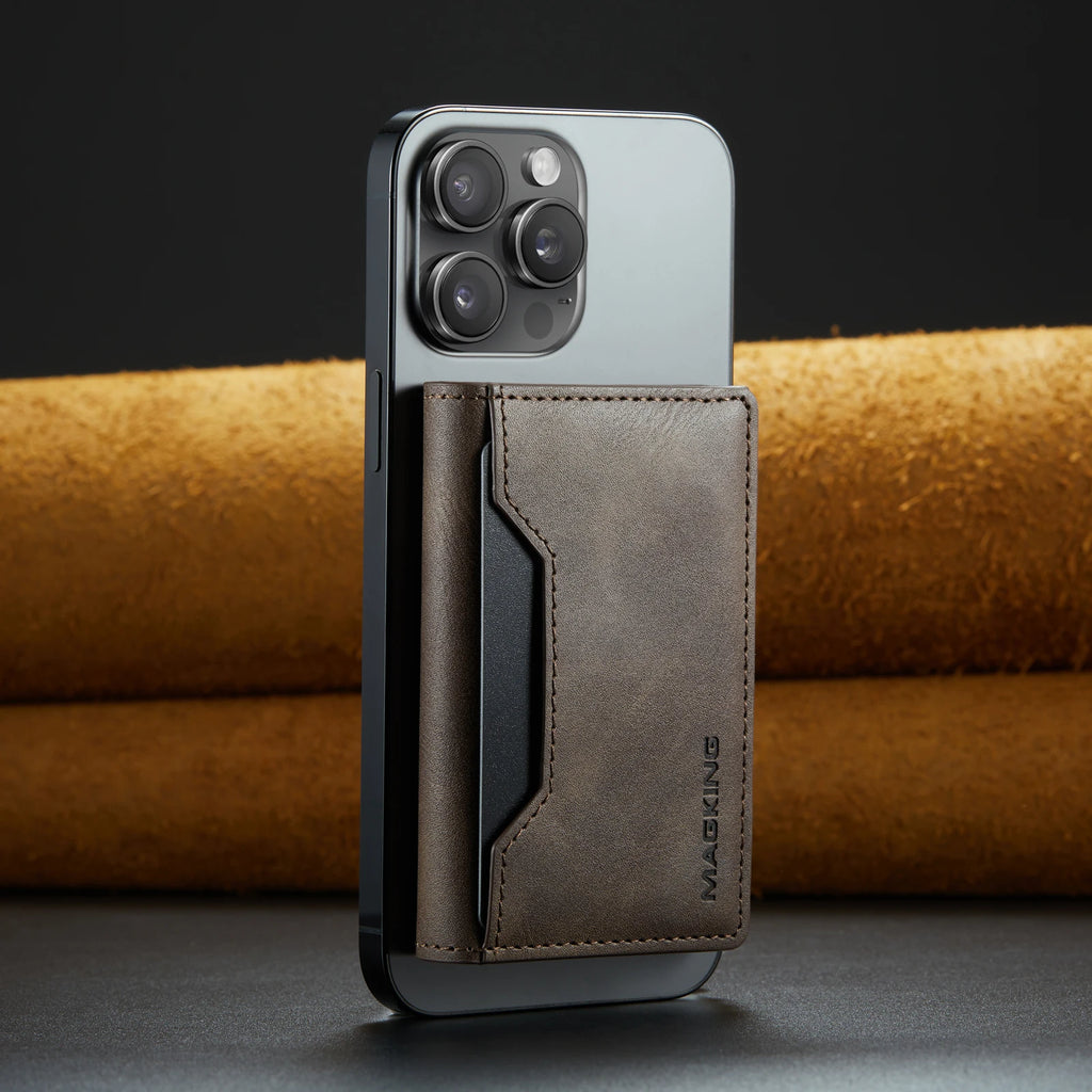 Gray slim leather wallet with long card holder and stitched seams