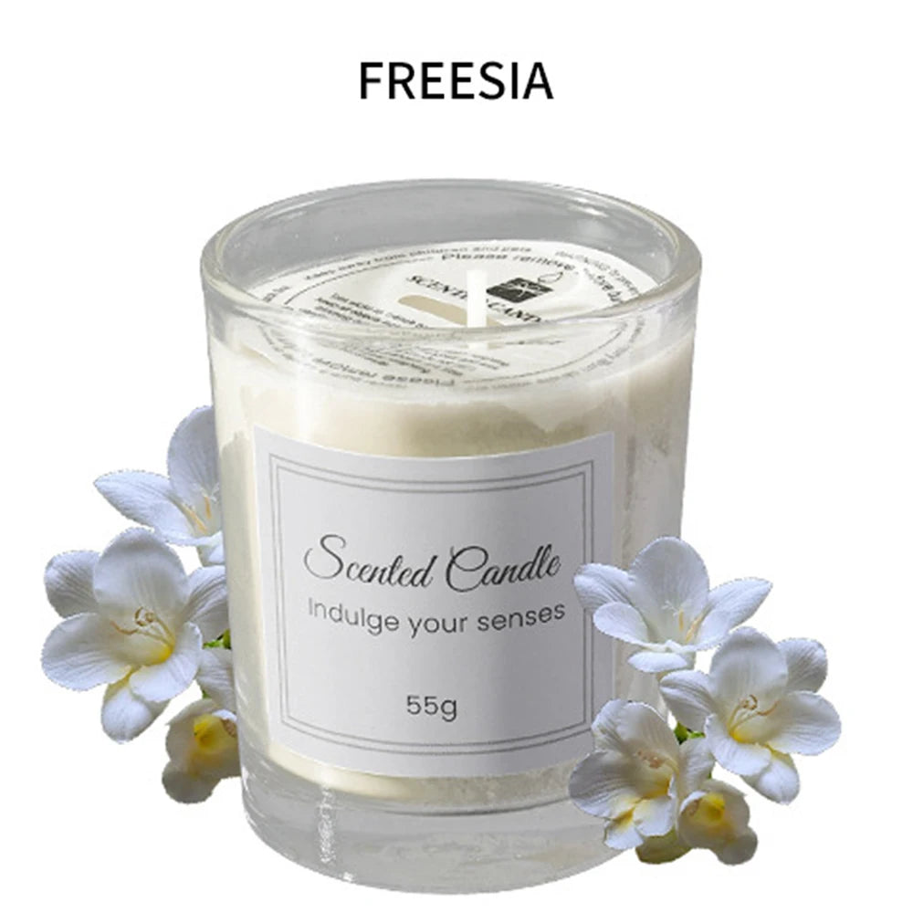 Freesia scented candle in clear glass jar, cream wax, 55g