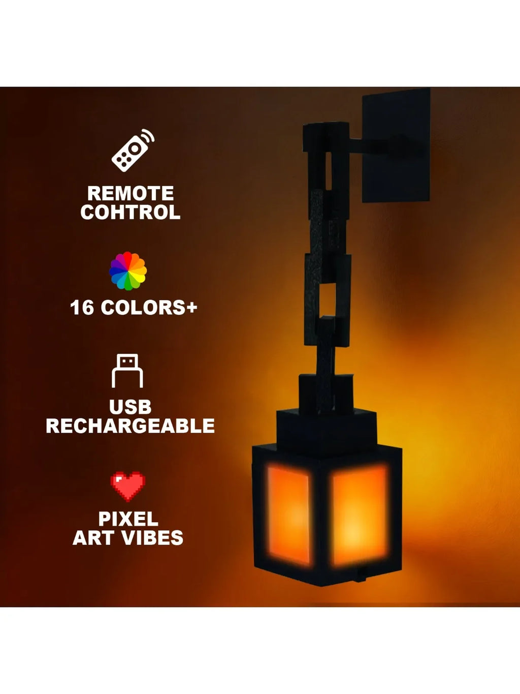 Black pixel lantern night light with warm orange glow windows, hanging on chain