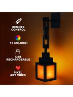 Black pixel lantern night light with warm orange glow windows, hanging on chain