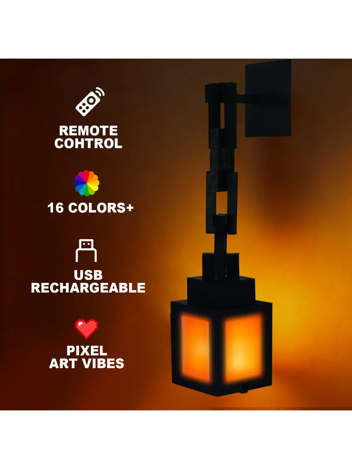 Black pixel lantern night light with warm orange glow windows, hanging on chain