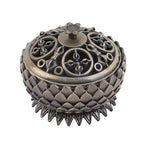 Lotus-Räuchergefäß in gebürstetem Bronze-Look: runde Brennkammer mit Relief-Ornamenten
