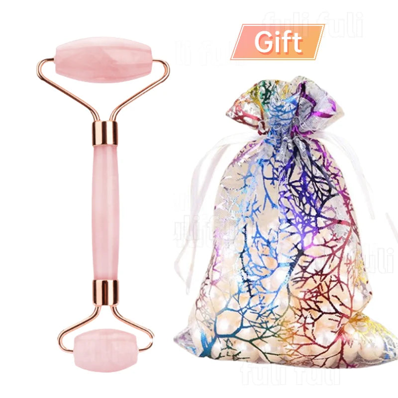 Blush rose quartz glow roller with rose-pink stones and gift pouch