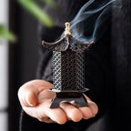 Zinc alloy vertical incense holder with black lattice body and gold finial