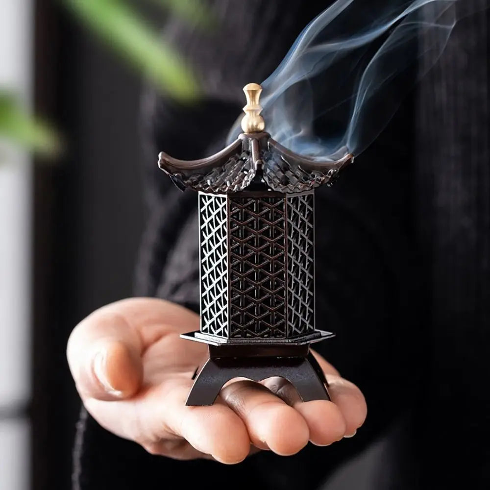 Zinc alloy vertical incense holder with black lattice body and gold finial