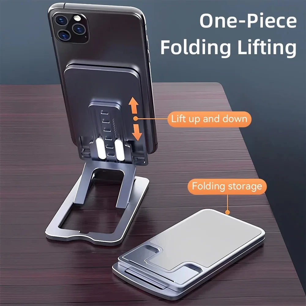 Adjustable-height folding desktop phone stand with lift mechanism, silver