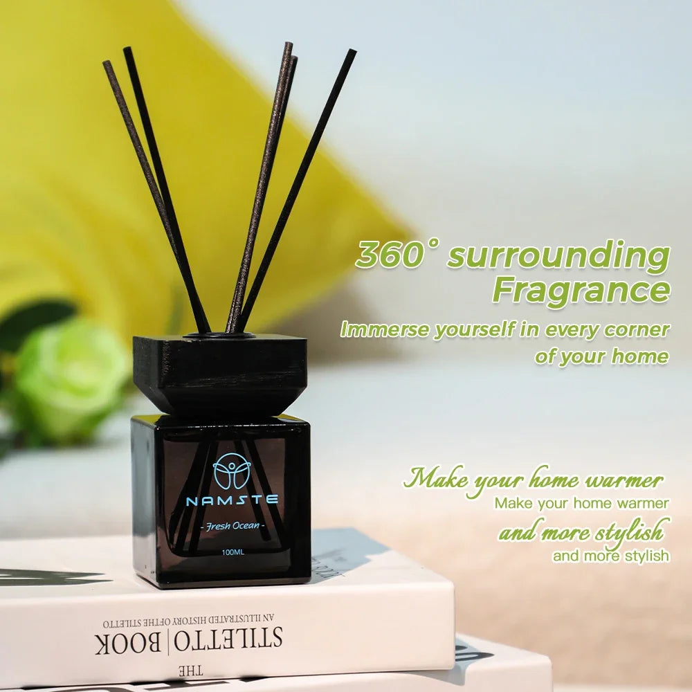 Fresh Ocean reed diffuser, dark glass bottle with black reeds and label